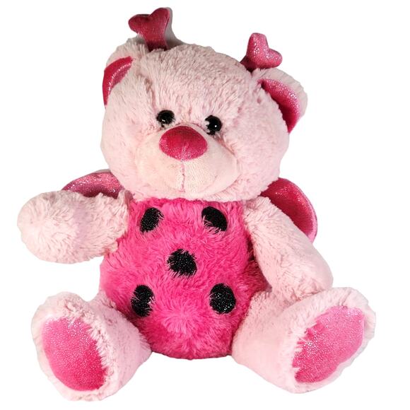 Dan Dee 14" Pink Bear in Ladybug Costume Plush Stuffed Animal Toy Hearts Glitter - Picture 1 of 10